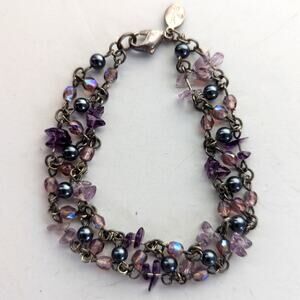Vintage Carolee Purple Amethyst Chip Stone Beaded Chain Mail Boho Bracelet
